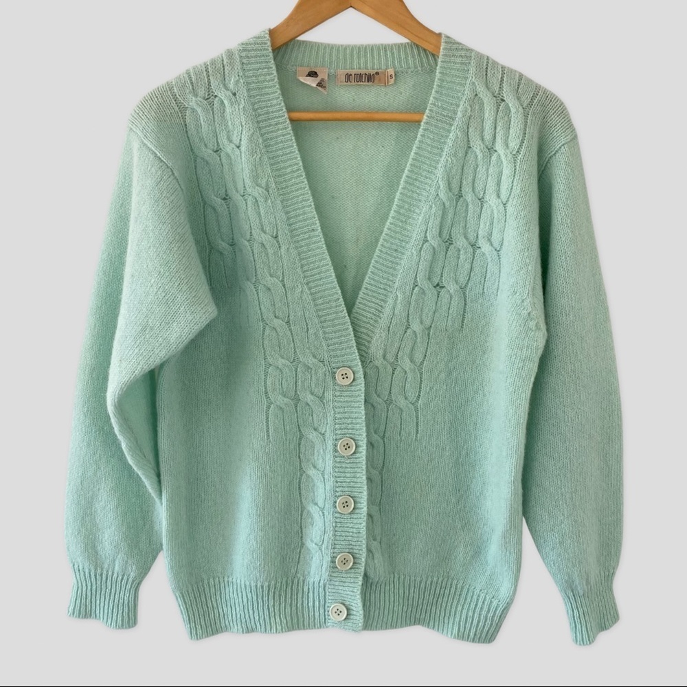 de Rotchild Vintage Pistachio Color Knit Pure Wool Cardigan Sweater S !!As Is!!